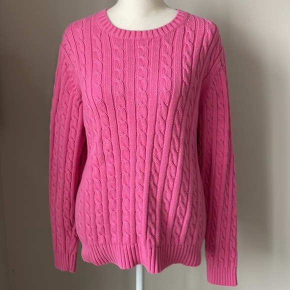 L.L. Bean Chunky Cable Knit Pink Cotton Fisherman Crewneck Sweater - Picture 5 of 12